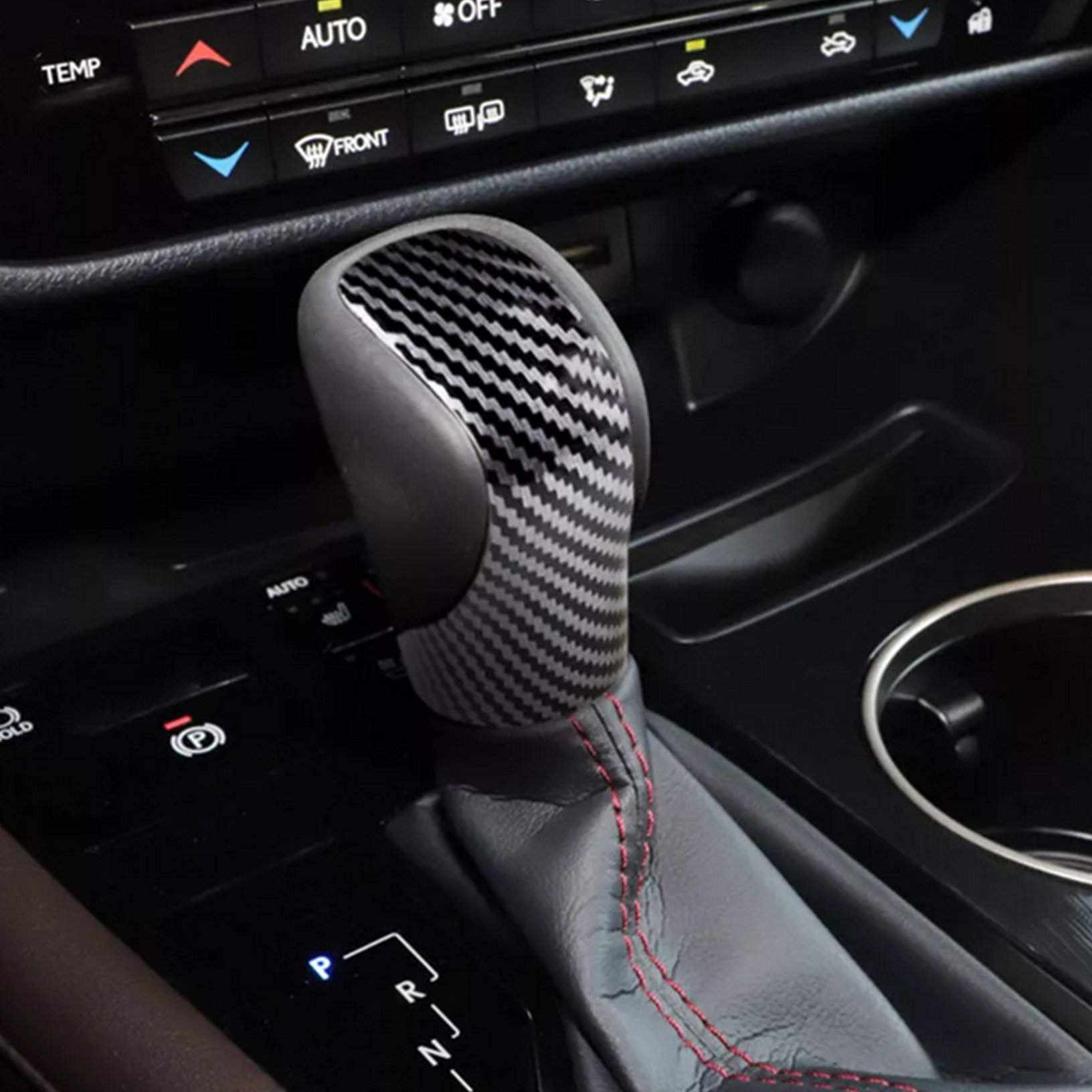 thumbnail interactive-video image 1 of Carbon Fiber Look Gear Shift Knob Cover Trim For Lexus ES GS IS NX – Self-Adhesive 1 of 5
